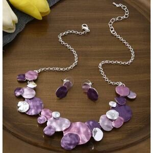 Pierced silver and purple bent multi circle necklace and earring set
